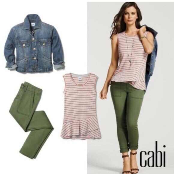 Cabi Gray Grey Orange Stripe Peplum Ruffle Tank Shirt Sleeveless Top 533 Sz S - Picture 2 of 7